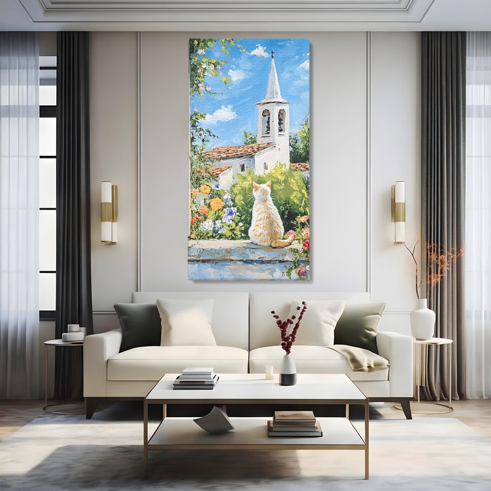 Tablou Canvas Premium, LuxCanva® M1225, De Veghe la Fereastra, Pisica, Turn, Gradina, Clopot, Biserica, Flori, Vegetatie, Natura, Lumina, Credinta, Primavara, Birou, Living, Camera Copil