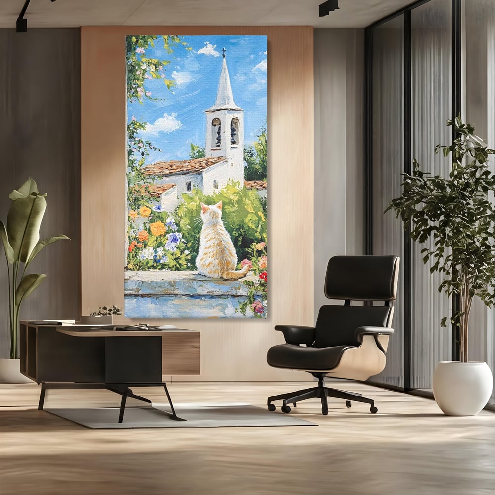 Tablou Canvas Premium, LuxCanva® M1225, De Veghe la Fereastra, Pisica, Turn, Gradina, Clopot, Biserica, Flori, Vegetatie, Natura, Lumina, Credinta, Primavara, Birou, Living, Camera Copil