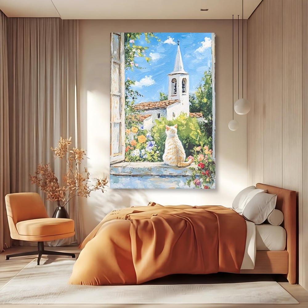Tablou Canvas Premium, LuxCanva® M1225, De Veghe la Fereastra, Pisica, Turn, Gradina, Clopot, Biserica, Flori, Vegetatie, Natura, Lumina, Credinta, Primavara, Birou, Living, Camera Copil