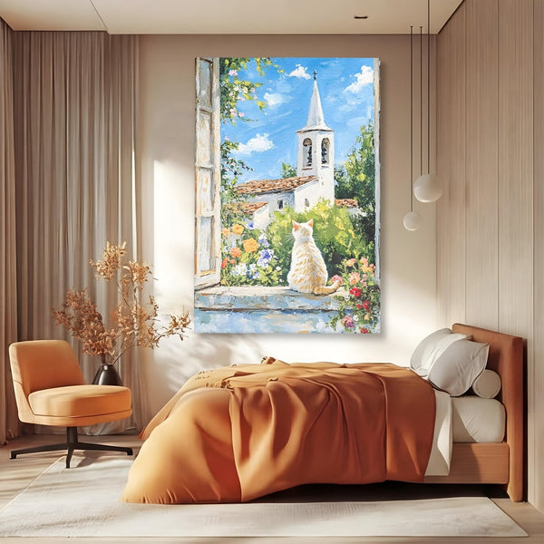 Tablou Canvas Premium, LuxCanva® M1225, De Veghe la Fereastra, Pisica, Turn, Gradina, Clopot, Biserica, Flori, Vegetatie, Natura, Lumina, Credinta, Primavara, Birou, Living, Camera Copil