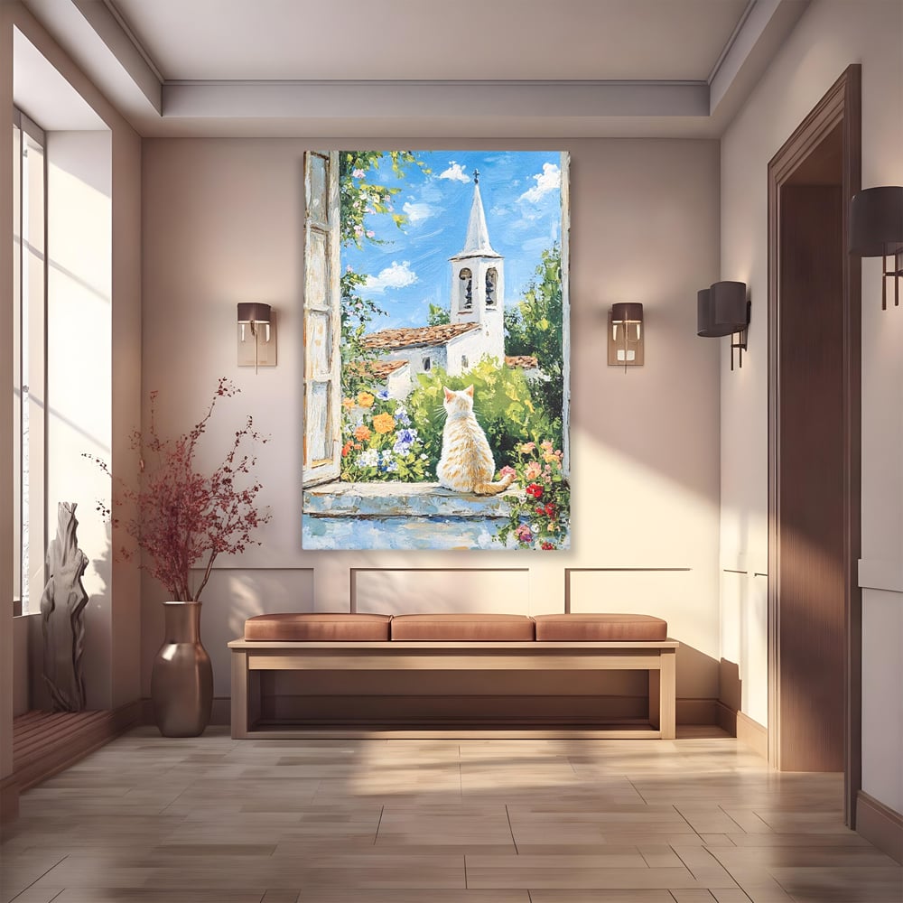 Tablou Canvas Premium, LuxCanva® M1225, De Veghe la Fereastra, Pisica, Turn, Gradina, Clopot, Biserica, Flori, Vegetatie, Natura, Lumina, Credinta, Primavara, Birou, Living, Camera Copil