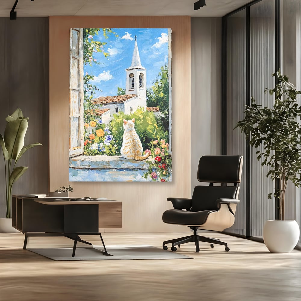 Tablou Canvas Premium, LuxCanva® M1225, De Veghe la Fereastra, Pisica, Turn, Gradina, Clopot, Biserica, Flori, Vegetatie, Natura, Lumina, Credinta, Primavara, Birou, Living, Camera Copil
