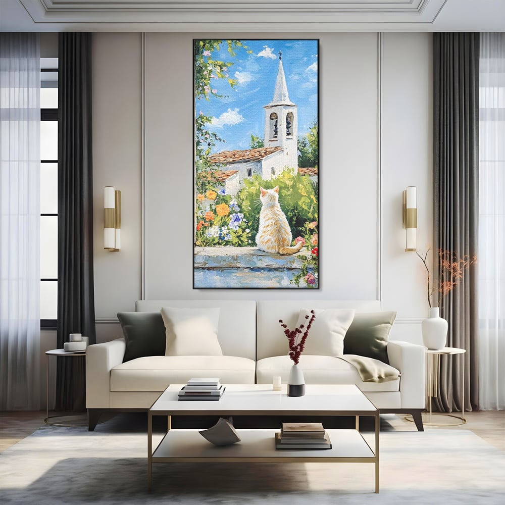 Tablou Canvas Premium, LuxCanva® M1225, De Veghe la Fereastra, Pisica, Turn, Gradina, Clopot, Biserica, Flori, Vegetatie, Natura, Lumina, Credinta, Primavara, Birou, Living, Camera Copil