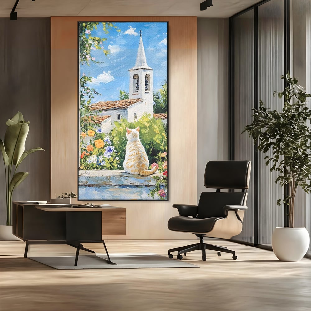 Tablou Canvas Premium, LuxCanva® M1225, De Veghe la Fereastra, Pisica, Turn, Gradina, Clopot, Biserica, Flori, Vegetatie, Natura, Lumina, Credinta, Primavara, Birou, Living, Camera Copil