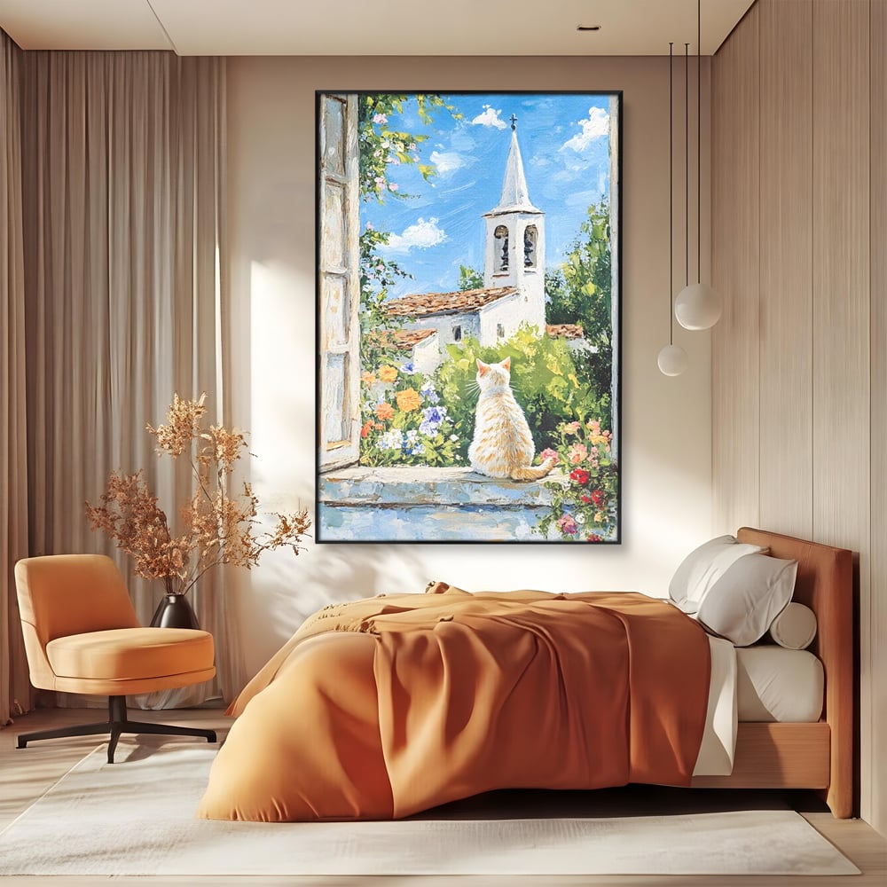 Tablou Canvas Premium, LuxCanva® M1225, De Veghe la Fereastra, Pisica, Turn, Gradina, Clopot, Biserica, Flori, Vegetatie, Natura, Lumina, Credinta, Primavara, Birou, Living, Camera Copil