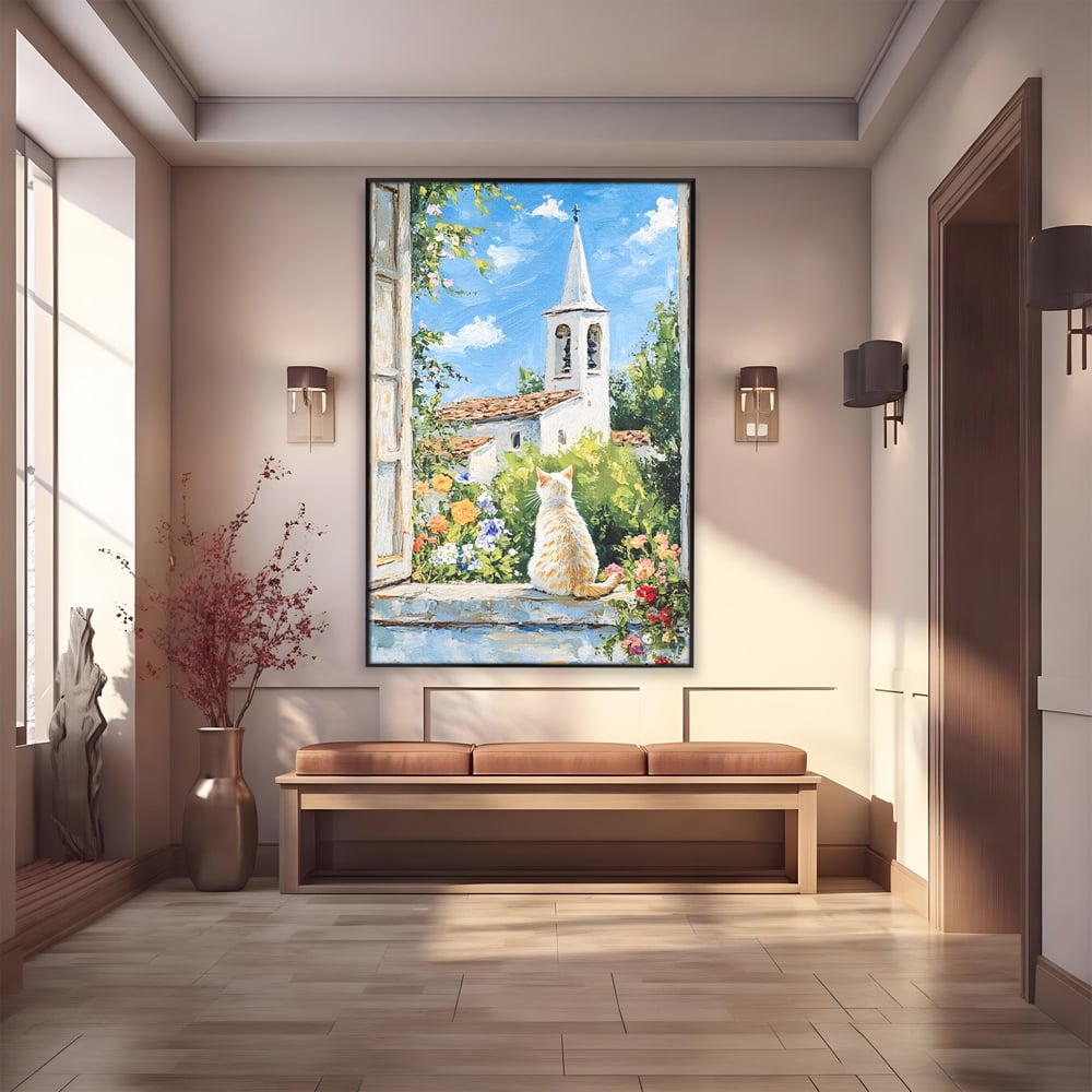 Tablou Canvas Premium, LuxCanva® M1225, De Veghe la Fereastra, Pisica, Turn, Gradina, Clopot, Biserica, Flori, Vegetatie, Natura, Lumina, Credinta, Primavara, Birou, Living, Camera Copil