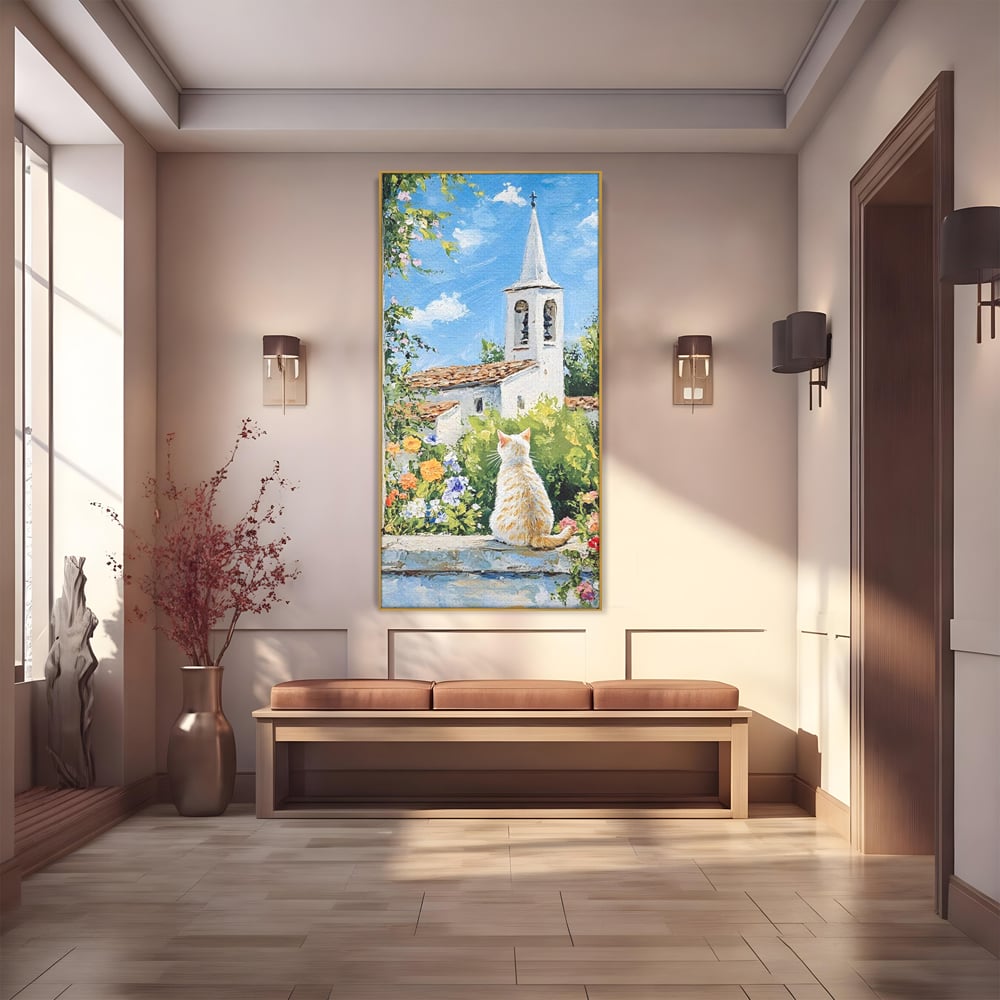 Tablou Canvas Premium, LuxCanva® M1225, De Veghe la Fereastra, Pisica, Turn, Gradina, Clopot, Biserica, Flori, Vegetatie, Natura, Lumina, Credinta, Primavara, Birou, Living, Camera Copil