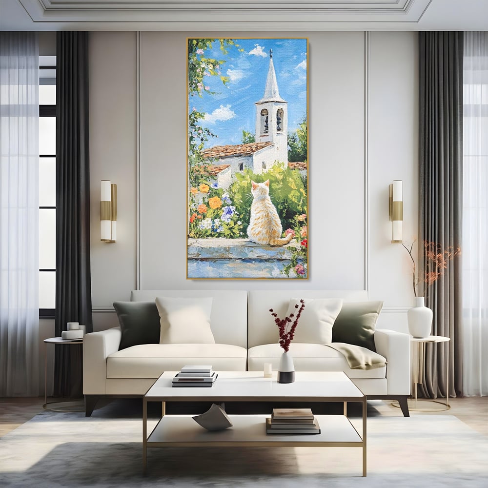 Tablou Canvas Premium, LuxCanva® M1225, De Veghe la Fereastra, Pisica, Turn, Gradina, Clopot, Biserica, Flori, Vegetatie, Natura, Lumina, Credinta, Primavara, Birou, Living, Camera Copil