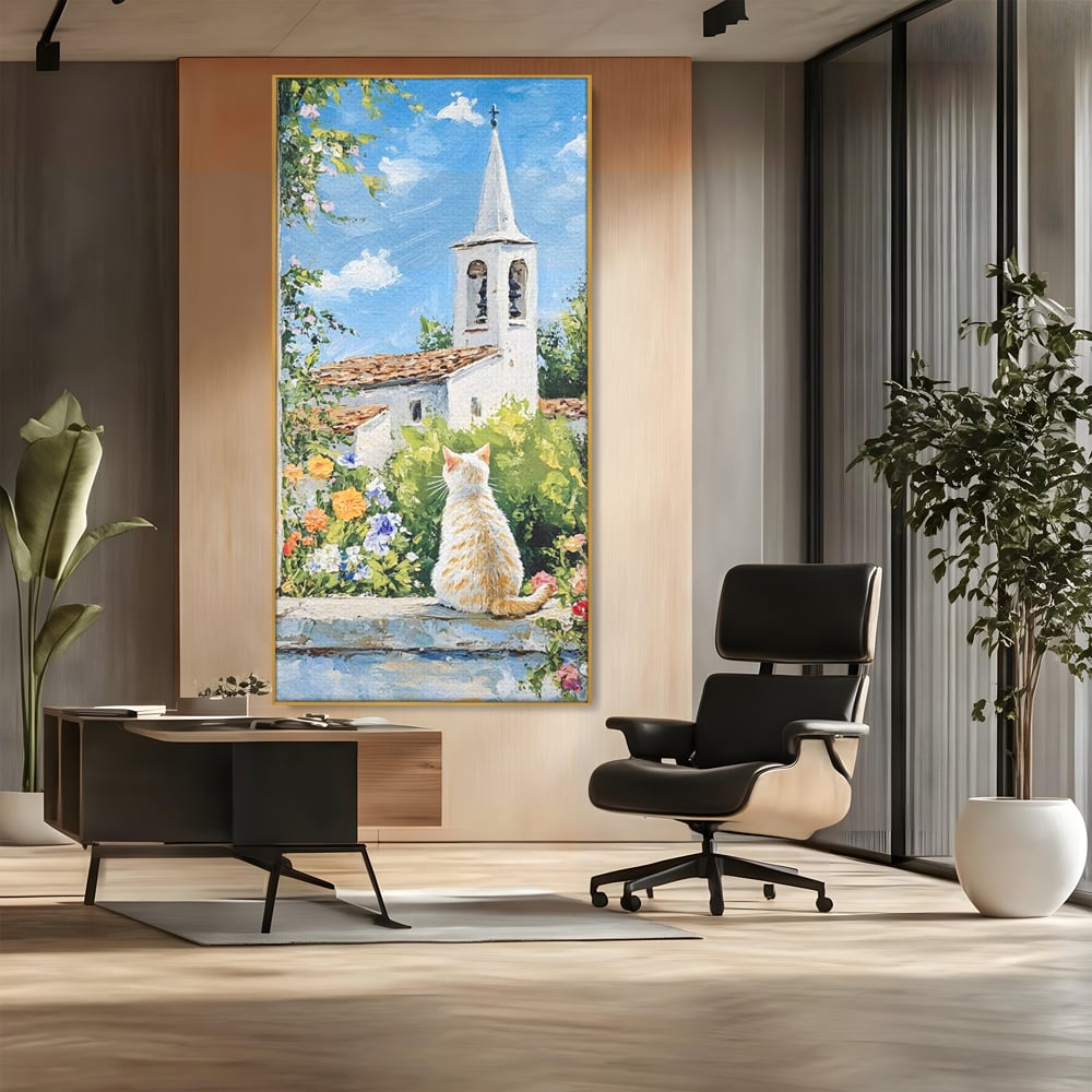 Tablou Canvas Premium, LuxCanva® M1225, De Veghe la Fereastra, Pisica, Turn, Gradina, Clopot, Biserica, Flori, Vegetatie, Natura, Lumina, Credinta, Primavara, Birou, Living, Camera Copil