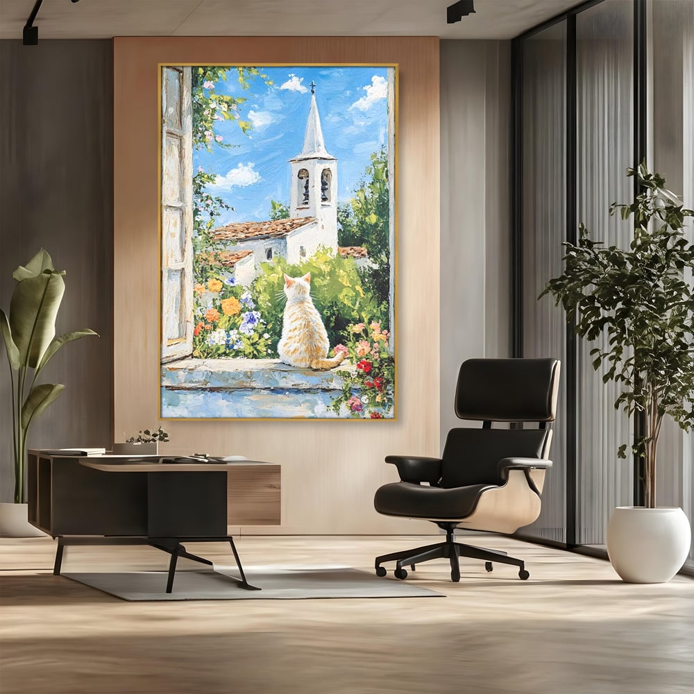 Tablou Canvas Premium, LuxCanva® M1225, De Veghe la Fereastra, Pisica, Turn, Gradina, Clopot, Biserica, Flori, Vegetatie, Natura, Lumina, Credinta, Primavara, Birou, Living, Camera Copil