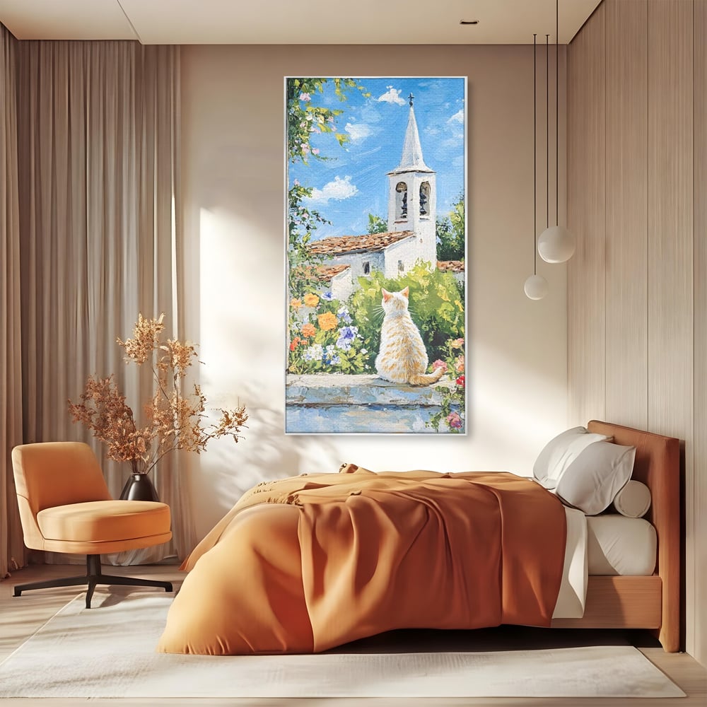 Tablou Canvas Premium, LuxCanva® M1225, De Veghe la Fereastra, Pisica, Turn, Gradina, Clopot, Biserica, Flori, Vegetatie, Natura, Lumina, Credinta, Primavara, Birou, Living, Camera Copil