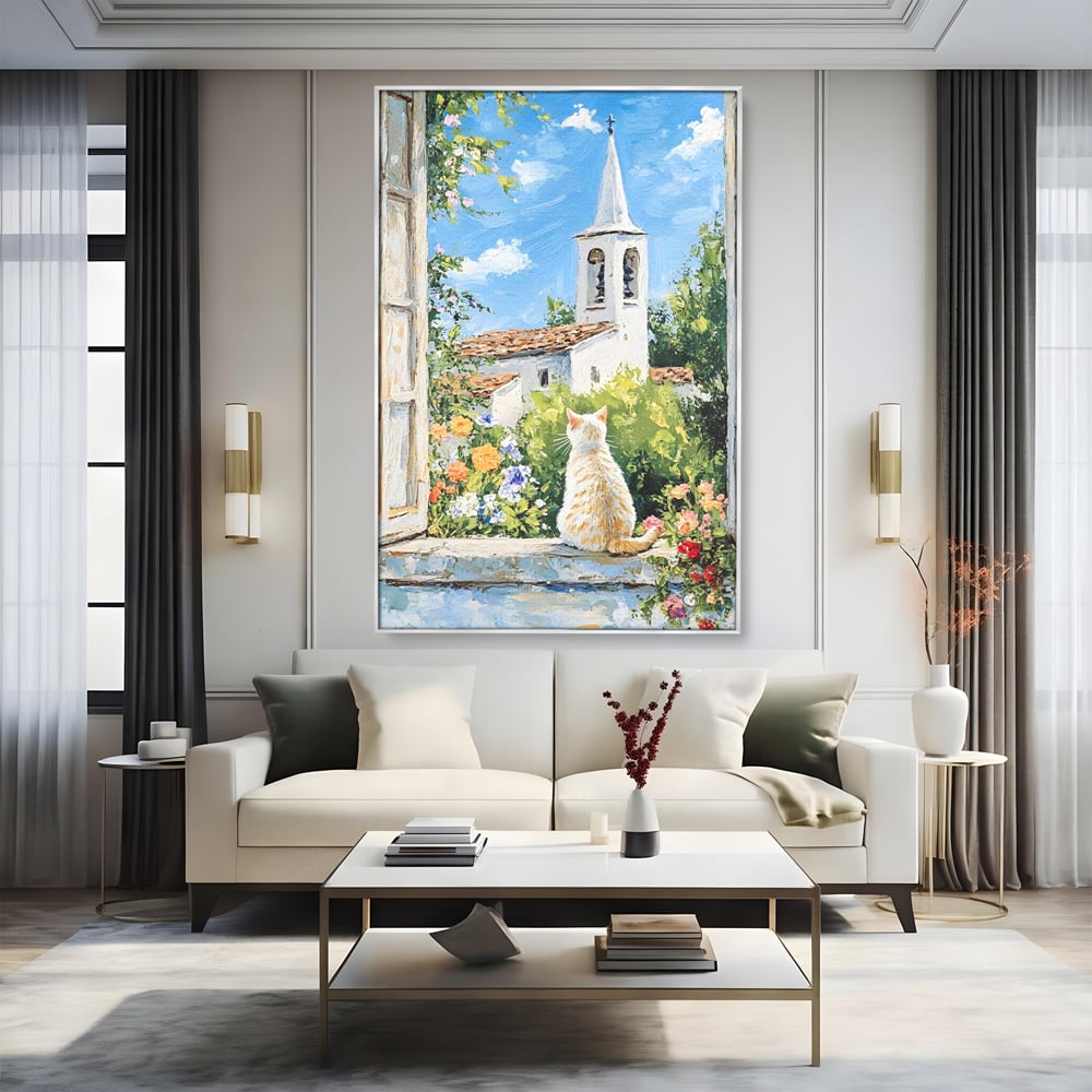 Tablou Canvas Premium, LuxCanva® M1225, De Veghe la Fereastra, Pisica, Turn, Gradina, Clopot, Biserica, Flori, Vegetatie, Natura, Lumina, Credinta, Primavara, Birou, Living, Camera Copil