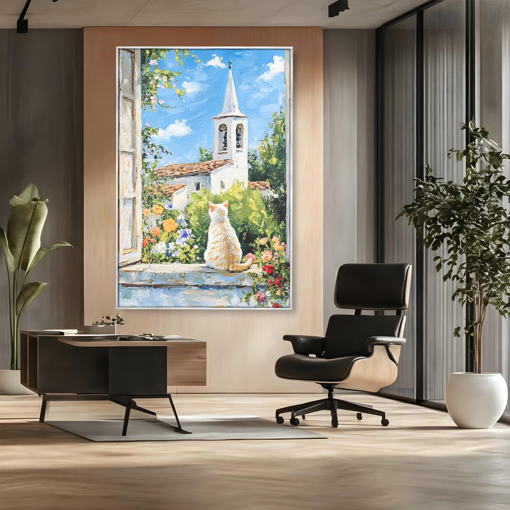 Tablou Canvas Premium, LuxCanva® M1225, De Veghe la Fereastra, Pisica, Turn, Gradina, Clopot, Biserica, Flori, Vegetatie, Natura, Lumina, Credinta, Primavara, Birou, Living, Camera Copil