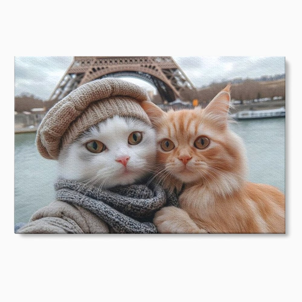 Tablou Canvas Premium, LuxCanva® M1226, Vacanta in Paris, Turnul Eiffel, Calatorie, Vacanta, Bereta, Pisici, Cuplu, Pereche, Romantic, Blanita, Iubire, Birou, Living, Camera Copil