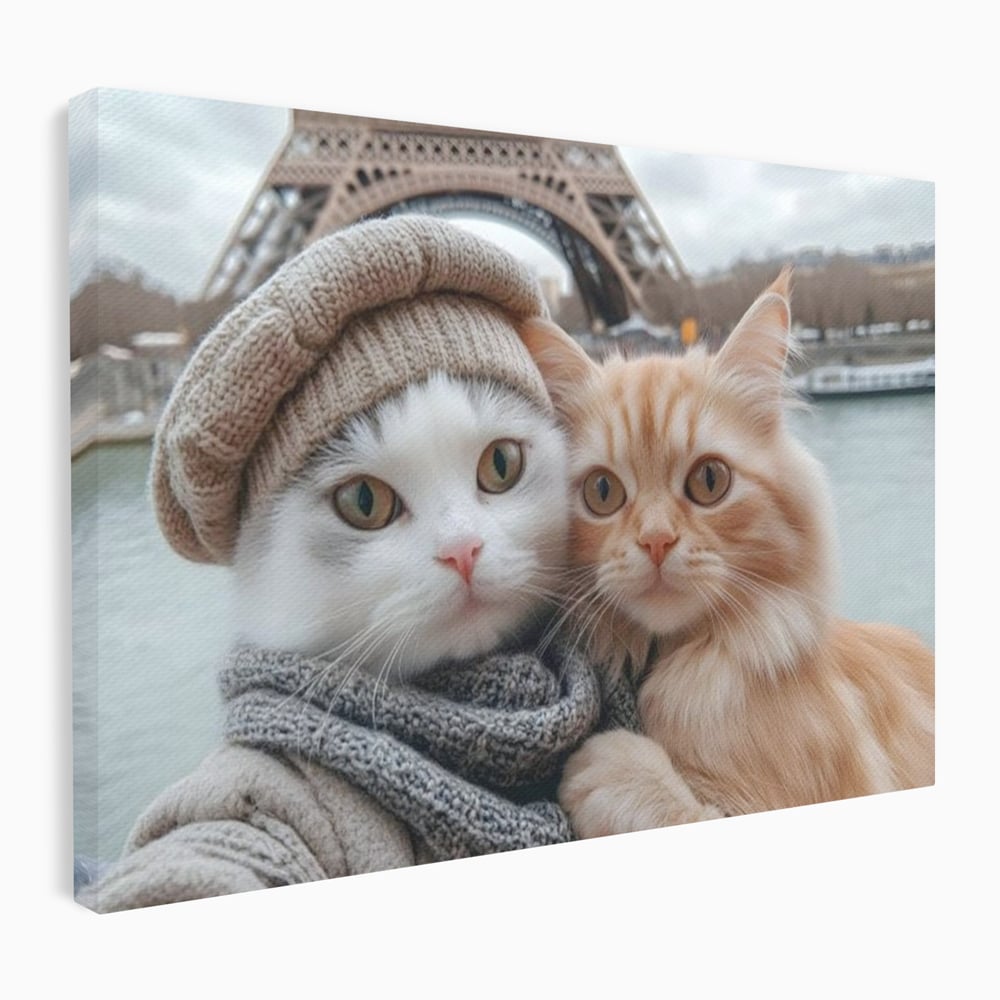 Tablou Canvas Premium, LuxCanva® M1226, Vacanta in Paris, Turnul Eiffel, Calatorie, Vacanta, Bereta, Pisici, Cuplu, Pereche, Romantic, Blanita, Iubire, Birou, Living, Camera Copil