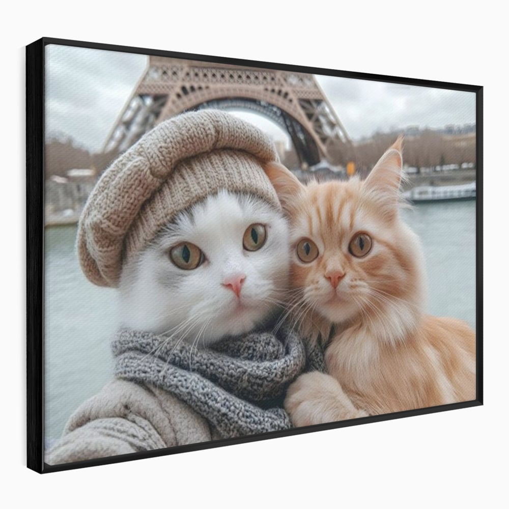 Tablou Canvas Premium, LuxCanva® M1226, Vacanta in Paris, Turnul Eiffel, Calatorie, Vacanta, Bereta, Pisici, Cuplu, Pereche, Romantic, Blanita, Iubire, Birou, Living, Camera Copil