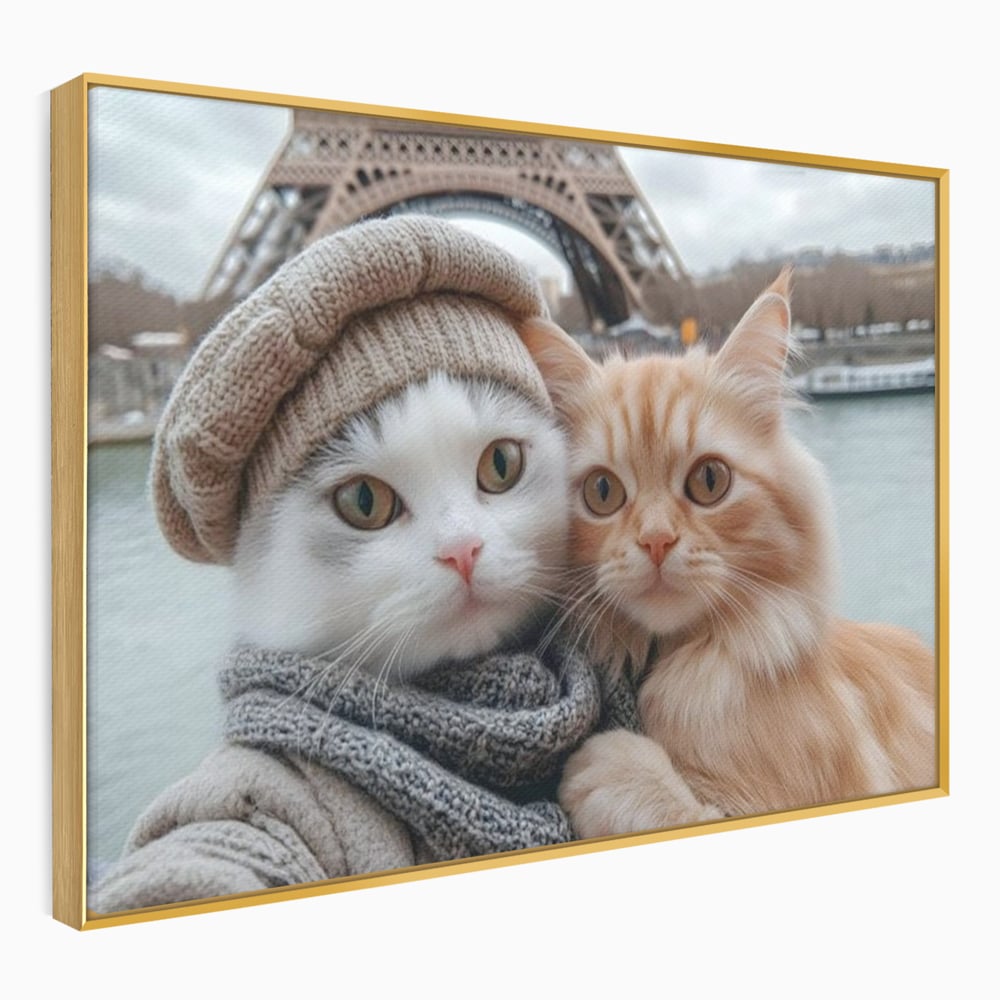Tablou Canvas Premium, LuxCanva® M1226, Vacanta in Paris, Turnul Eiffel, Calatorie, Vacanta, Bereta, Pisici, Cuplu, Pereche, Romantic, Blanita, Iubire, Birou, Living, Camera Copil