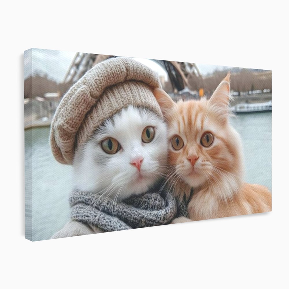 Tablou Canvas Premium, LuxCanva® M1226, Vacanta in Paris, Turnul Eiffel, Calatorie, Vacanta, Bereta, Pisici, Cuplu, Pereche, Romantic, Blanita, Iubire, Birou, Living, Camera Copil