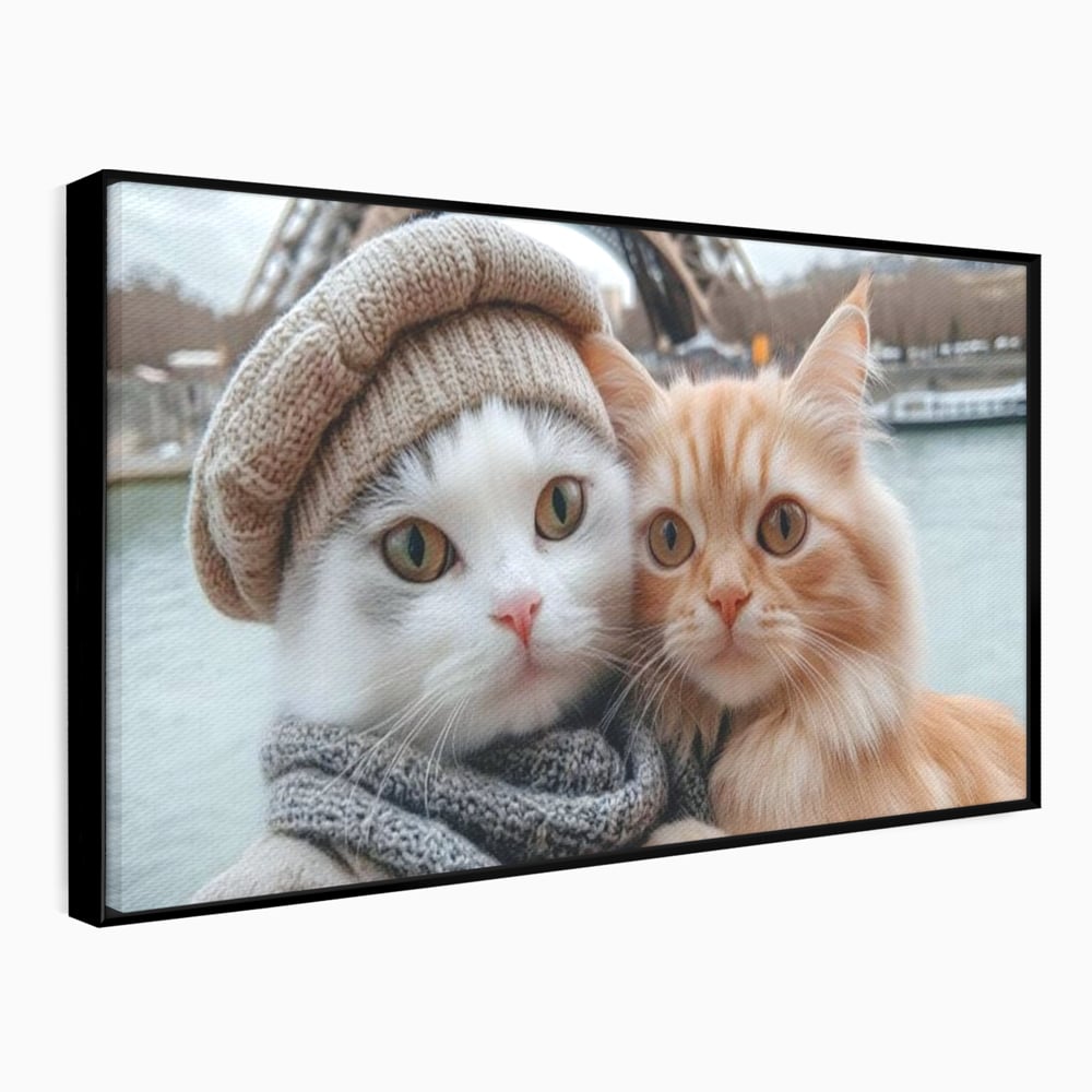 Tablou Canvas Premium, LuxCanva® M1226, Vacanta in Paris, Turnul Eiffel, Calatorie, Vacanta, Bereta, Pisici, Cuplu, Pereche, Romantic, Blanita, Iubire, Birou, Living, Camera Copil