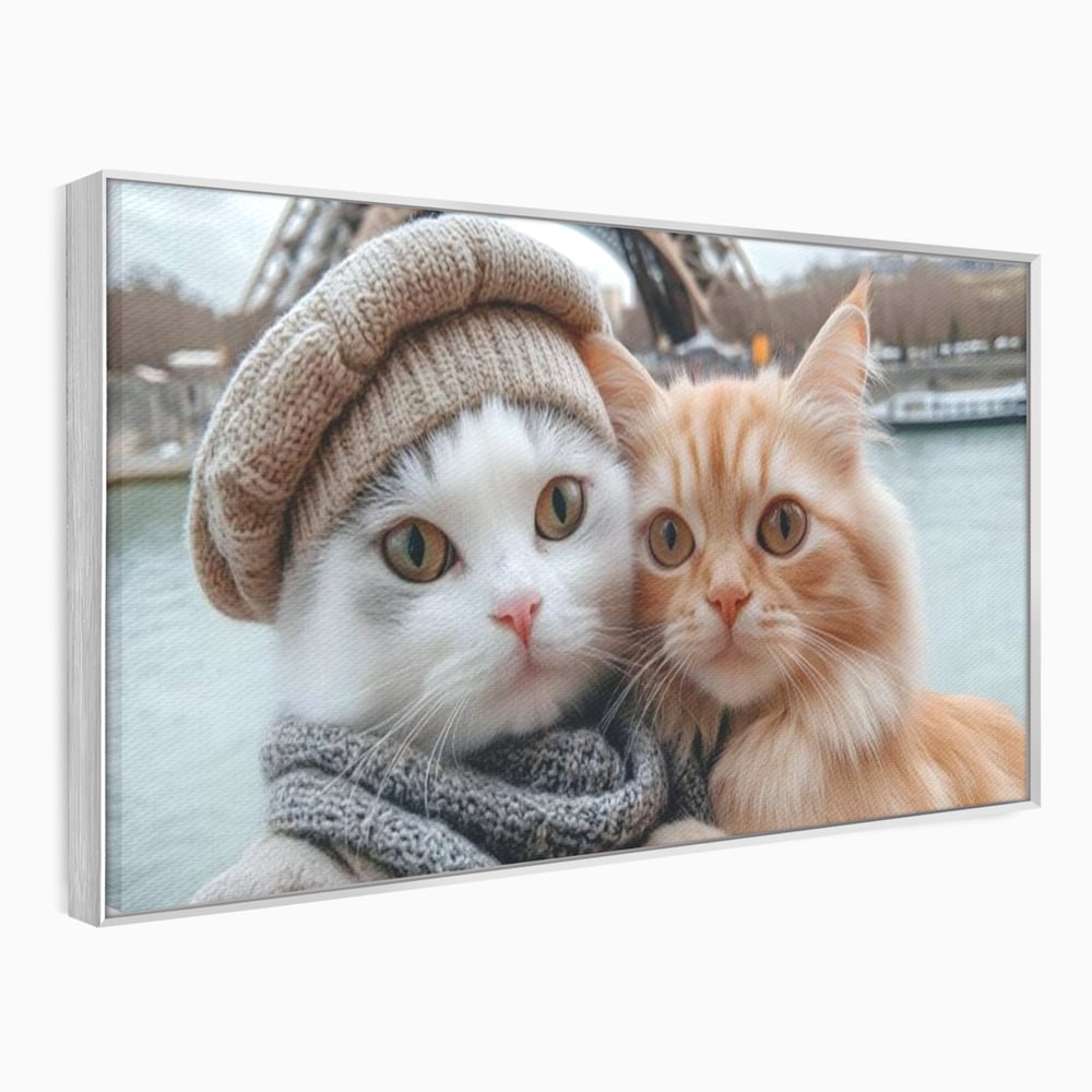 Tablou Canvas Premium, LuxCanva® M1226, Vacanta in Paris, Turnul Eiffel, Calatorie, Vacanta, Bereta, Pisici, Cuplu, Pereche, Romantic, Blanita, Iubire, Birou, Living, Camera Copil