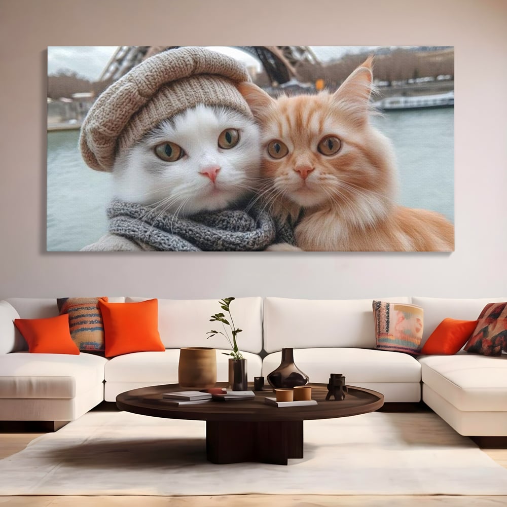 Tablou Canvas Premium, LuxCanva® M1226, Vacanta in Paris, Turnul Eiffel, Calatorie, Vacanta, Bereta, Pisici, Cuplu, Pereche, Romantic, Blanita, Iubire, Birou, Living, Camera Copil
