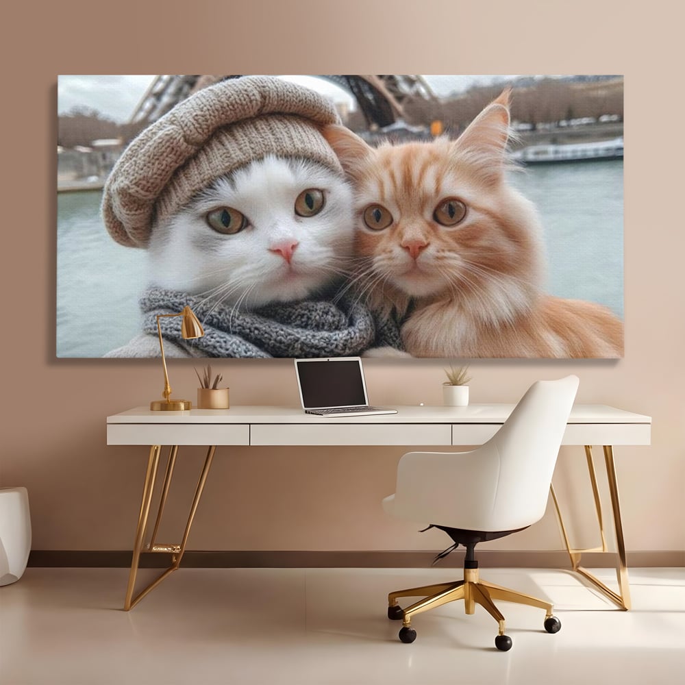 Tablou Canvas Premium, LuxCanva® M1226, Vacanta in Paris, Turnul Eiffel, Calatorie, Vacanta, Bereta, Pisici, Cuplu, Pereche, Romantic, Blanita, Iubire, Birou, Living, Camera Copil