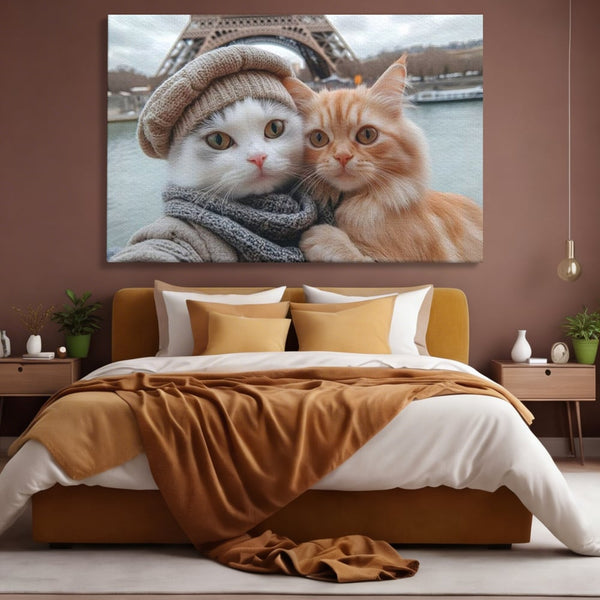Tablou Canvas Premium, LuxCanva® M1226, Vacanta in Paris, Turnul Eiffel, Calatorie, Vacanta, Bereta, Pisici, Cuplu, Pereche, Romantic, Blanita, Iubire, Birou, Living, Camera Copil