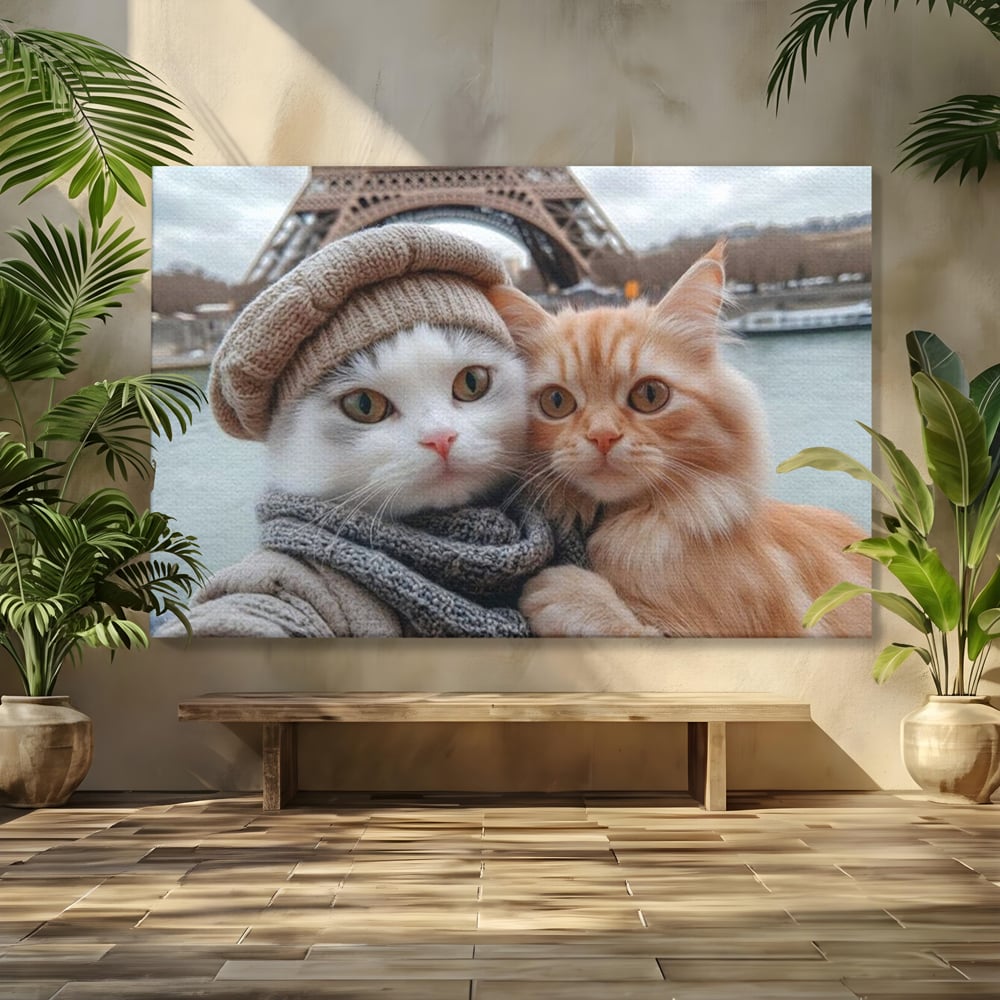 Tablou Canvas Premium, LuxCanva® M1226, Vacanta in Paris, Turnul Eiffel, Calatorie, Vacanta, Bereta, Pisici, Cuplu, Pereche, Romantic, Blanita, Iubire, Birou, Living, Camera Copil