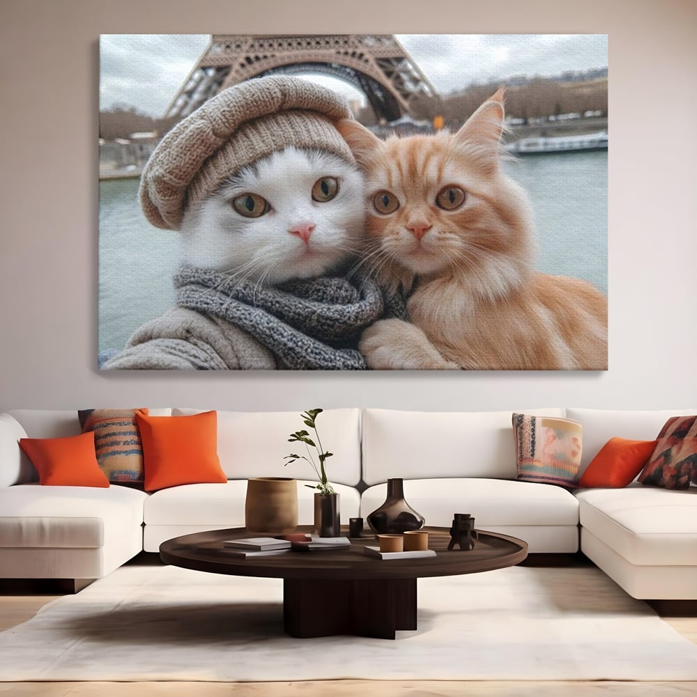 Tablou Canvas Premium, LuxCanva® M1226, Vacanta in Paris, Turnul Eiffel, Calatorie, Vacanta, Bereta, Pisici, Cuplu, Pereche, Romantic, Blanita, Iubire, Birou, Living, Camera Copil