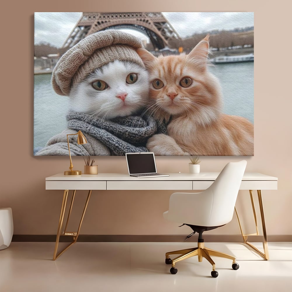 Tablou Canvas Premium, LuxCanva® M1226, Vacanta in Paris, Turnul Eiffel, Calatorie, Vacanta, Bereta, Pisici, Cuplu, Pereche, Romantic, Blanita, Iubire, Birou, Living, Camera Copil