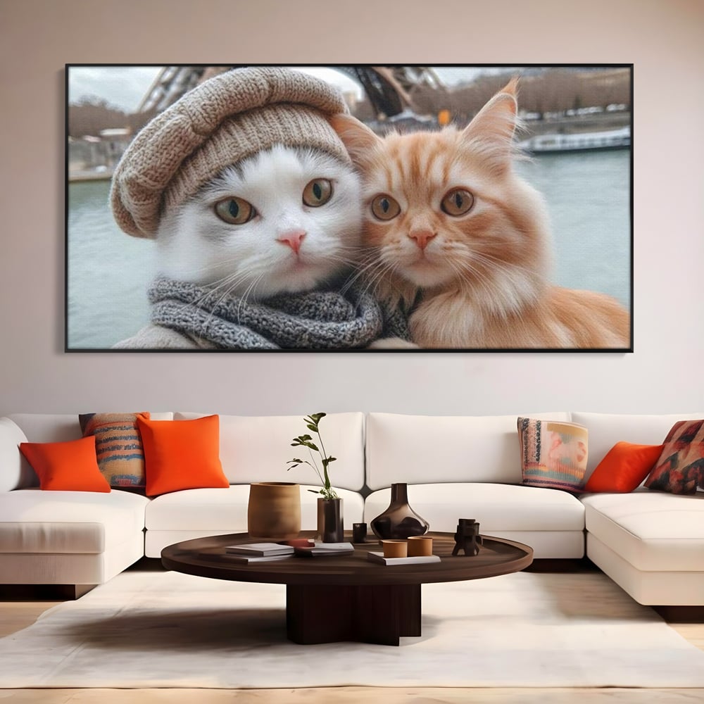 Tablou Canvas Premium, LuxCanva® M1226, Vacanta in Paris, Turnul Eiffel, Calatorie, Vacanta, Bereta, Pisici, Cuplu, Pereche, Romantic, Blanita, Iubire, Birou, Living, Camera Copil