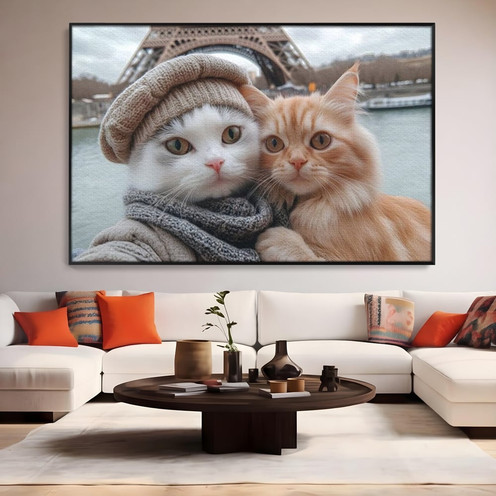Tablou Canvas Premium, LuxCanva® M1226, Vacanta in Paris, Turnul Eiffel, Calatorie, Vacanta, Bereta, Pisici, Cuplu, Pereche, Romantic, Blanita, Iubire, Birou, Living, Camera Copil