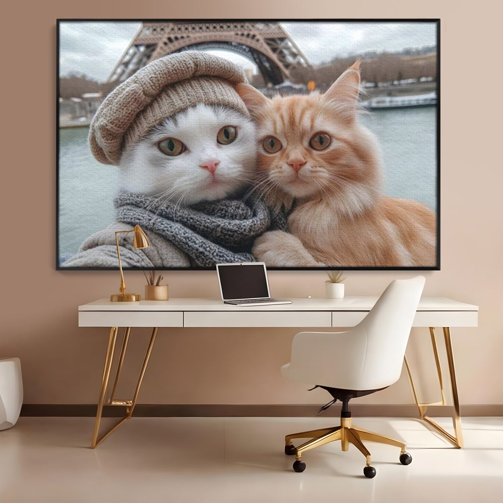 Tablou Canvas Premium, LuxCanva® M1226, Vacanta in Paris, Turnul Eiffel, Calatorie, Vacanta, Bereta, Pisici, Cuplu, Pereche, Romantic, Blanita, Iubire, Birou, Living, Camera Copil