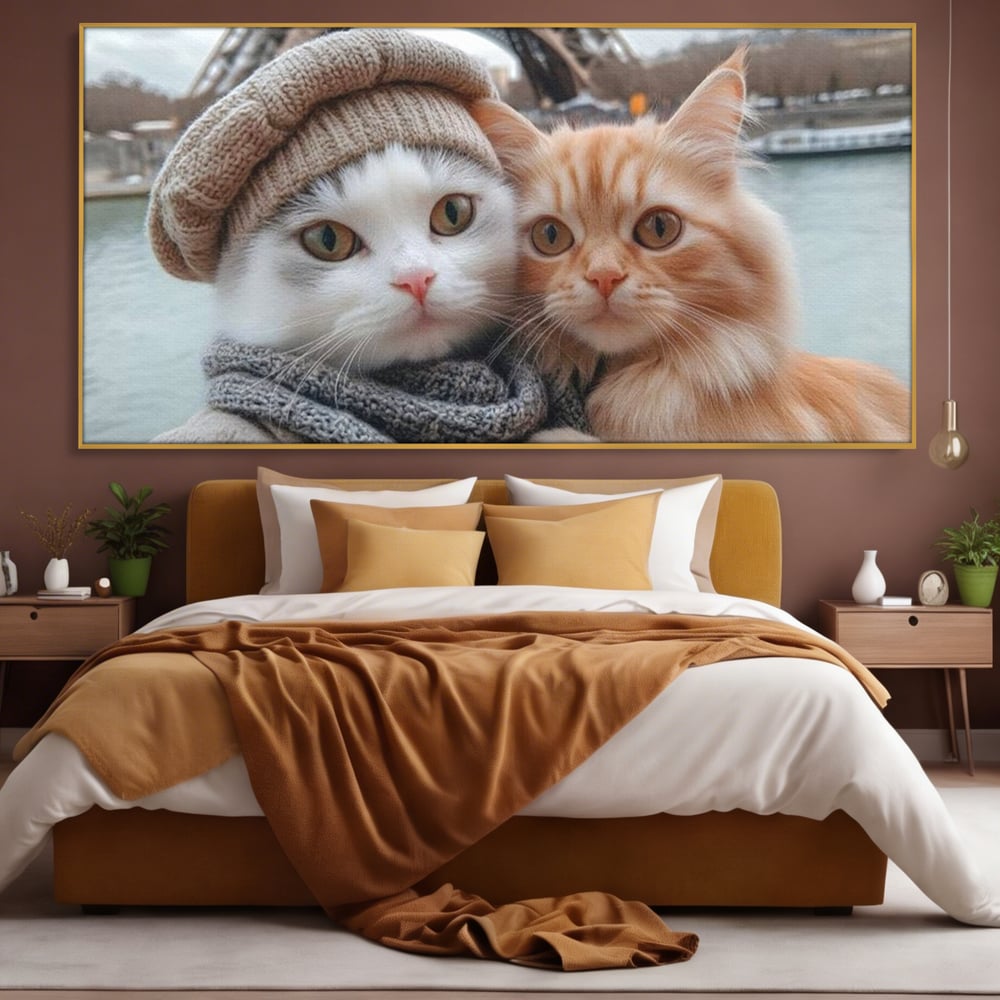 Tablou Canvas Premium, LuxCanva® M1226, Vacanta in Paris, Turnul Eiffel, Calatorie, Vacanta, Bereta, Pisici, Cuplu, Pereche, Romantic, Blanita, Iubire, Birou, Living, Camera Copil