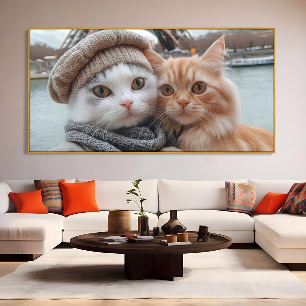 Tablou Canvas Premium, LuxCanva® M1226, Vacanta in Paris, Turnul Eiffel, Calatorie, Vacanta, Bereta, Pisici, Cuplu, Pereche, Romantic, Blanita, Iubire, Birou, Living, Camera Copil