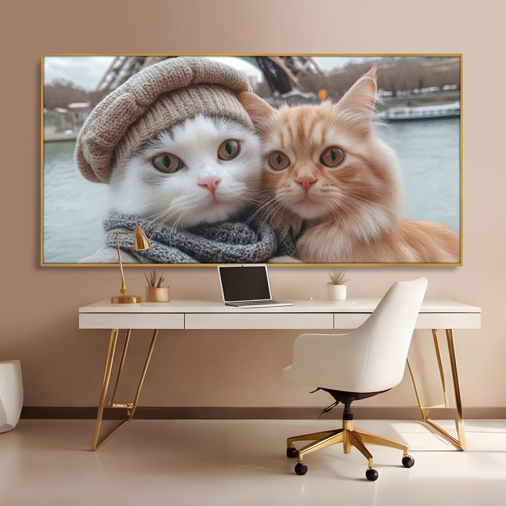Tablou Canvas Premium, LuxCanva® M1226, Vacanta in Paris, Turnul Eiffel, Calatorie, Vacanta, Bereta, Pisici, Cuplu, Pereche, Romantic, Blanita, Iubire, Birou, Living, Camera Copil
