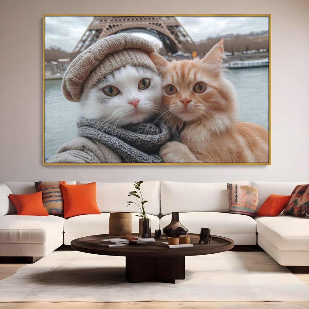 Tablou Canvas Premium, LuxCanva® M1226, Vacanta in Paris, Turnul Eiffel, Calatorie, Vacanta, Bereta, Pisici, Cuplu, Pereche, Romantic, Blanita, Iubire, Birou, Living, Camera Copil