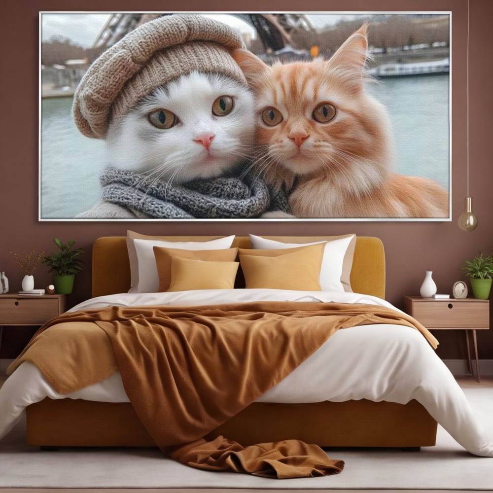 Tablou Canvas Premium, LuxCanva® M1226, Vacanta in Paris, Turnul Eiffel, Calatorie, Vacanta, Bereta, Pisici, Cuplu, Pereche, Romantic, Blanita, Iubire, Birou, Living, Camera Copil