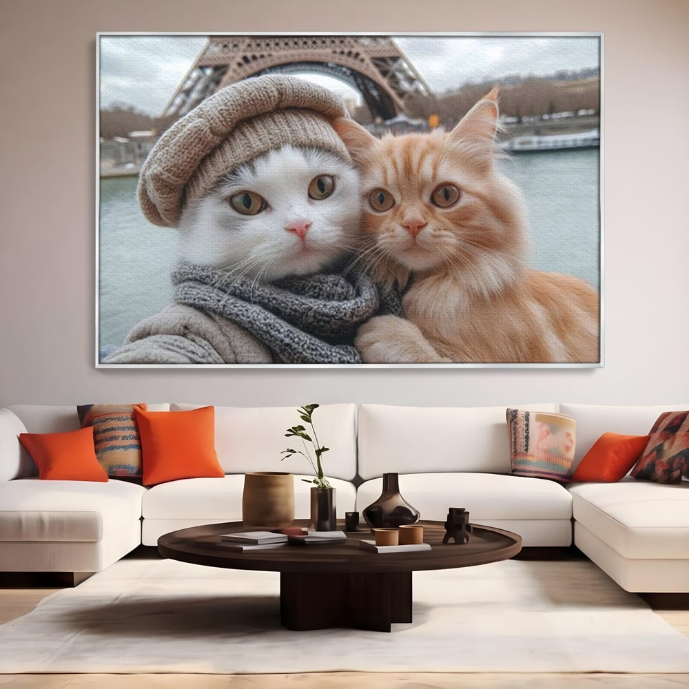 Tablou Canvas Premium, LuxCanva® M1226, Vacanta in Paris, Turnul Eiffel, Calatorie, Vacanta, Bereta, Pisici, Cuplu, Pereche, Romantic, Blanita, Iubire, Birou, Living, Camera Copil
