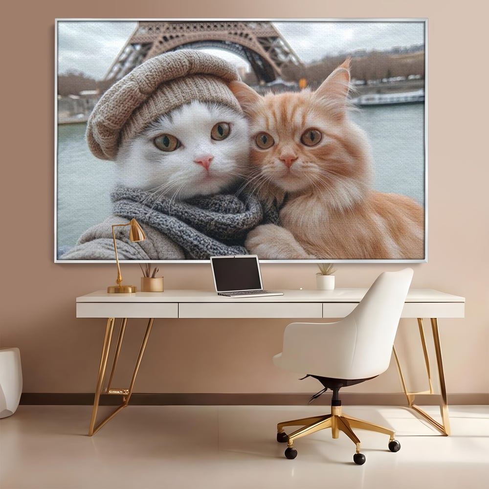Tablou Canvas Premium, LuxCanva® M1226, Vacanta in Paris, Turnul Eiffel, Calatorie, Vacanta, Bereta, Pisici, Cuplu, Pereche, Romantic, Blanita, Iubire, Birou, Living, Camera Copil