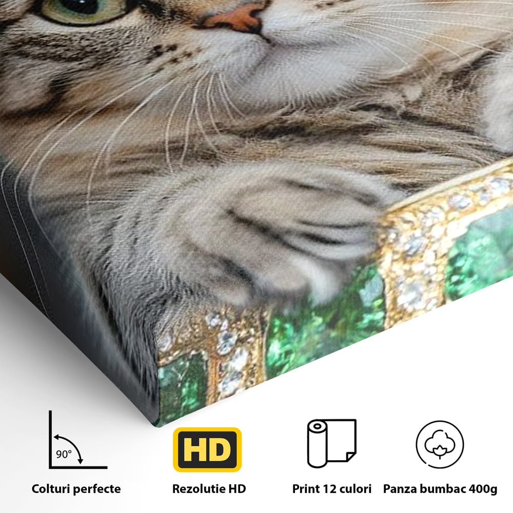 Tablou Canvas Premium, LuxCanva® M1227, Regele Smarald, Motan, Blanita, Coroana, Rege, Bijuterie, Diamante, Regat, Smarald, Nobil, Pufos, Portret, Birou, Living, Camera Copil