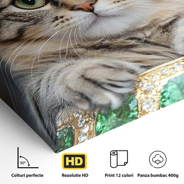 Tablou Canvas Premium, LuxCanva® M1227, Regele Smarald, Motan, Blanita, Coroana, Rege, Bijuterie, Diamante, Regat, Smarald, Nobil, Pufos, Portret, Birou, Living, Camera Copil