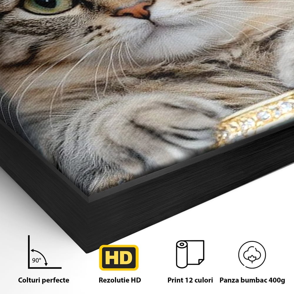 Tablou Canvas Premium, LuxCanva® M1227, Regele Smarald, Motan, Blanita, Coroana, Rege, Bijuterie, Diamante, Regat, Smarald, Nobil, Pufos, Portret, Birou, Living, Camera Copil