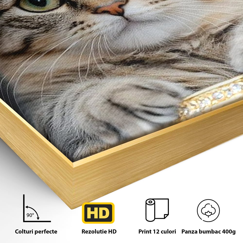 Tablou Canvas Premium, LuxCanva® M1227, Regele Smarald, Motan, Blanita, Coroana, Rege, Bijuterie, Diamante, Regat, Smarald, Nobil, Pufos, Portret, Birou, Living, Camera Copil