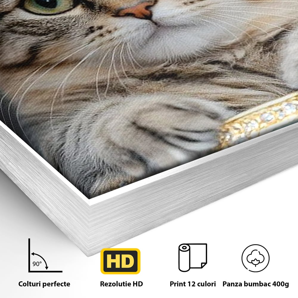 Tablou Canvas Premium, LuxCanva® M1227, Regele Smarald, Motan, Blanita, Coroana, Rege, Bijuterie, Diamante, Regat, Smarald, Nobil, Pufos, Portret, Birou, Living, Camera Copil
