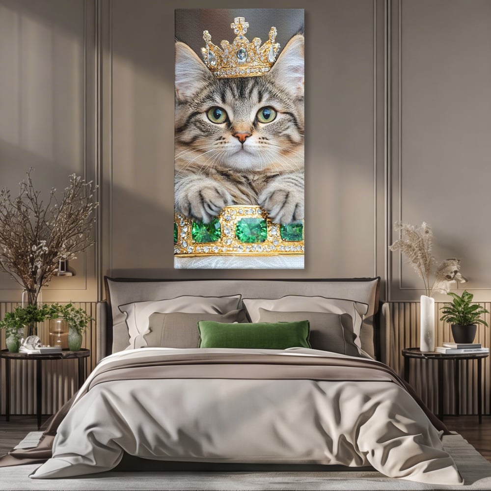 Tablou Canvas Premium, LuxCanva® M1227, Regele Smarald, Motan, Blanita, Coroana, Rege, Bijuterie, Diamante, Regat, Smarald, Nobil, Pufos, Portret, Birou, Living, Camera Copil