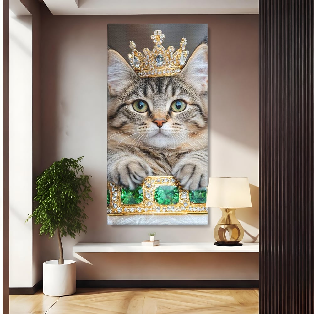 Tablou Canvas Premium, LuxCanva® M1227, Regele Smarald, Motan, Blanita, Coroana, Rege, Bijuterie, Diamante, Regat, Smarald, Nobil, Pufos, Portret, Birou, Living, Camera Copil