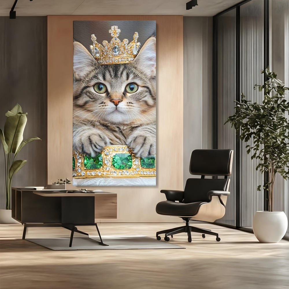 Tablou Canvas Premium, LuxCanva® M1227, Regele Smarald, Motan, Blanita, Coroana, Rege, Bijuterie, Diamante, Regat, Smarald, Nobil, Pufos, Portret, Birou, Living, Camera Copil