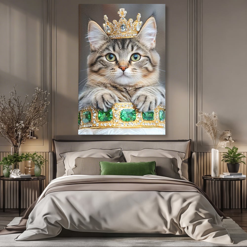 Tablou Canvas Premium, LuxCanva® M1227, Regele Smarald, Motan, Blanita, Coroana, Rege, Bijuterie, Diamante, Regat, Smarald, Nobil, Pufos, Portret, Birou, Living, Camera Copil