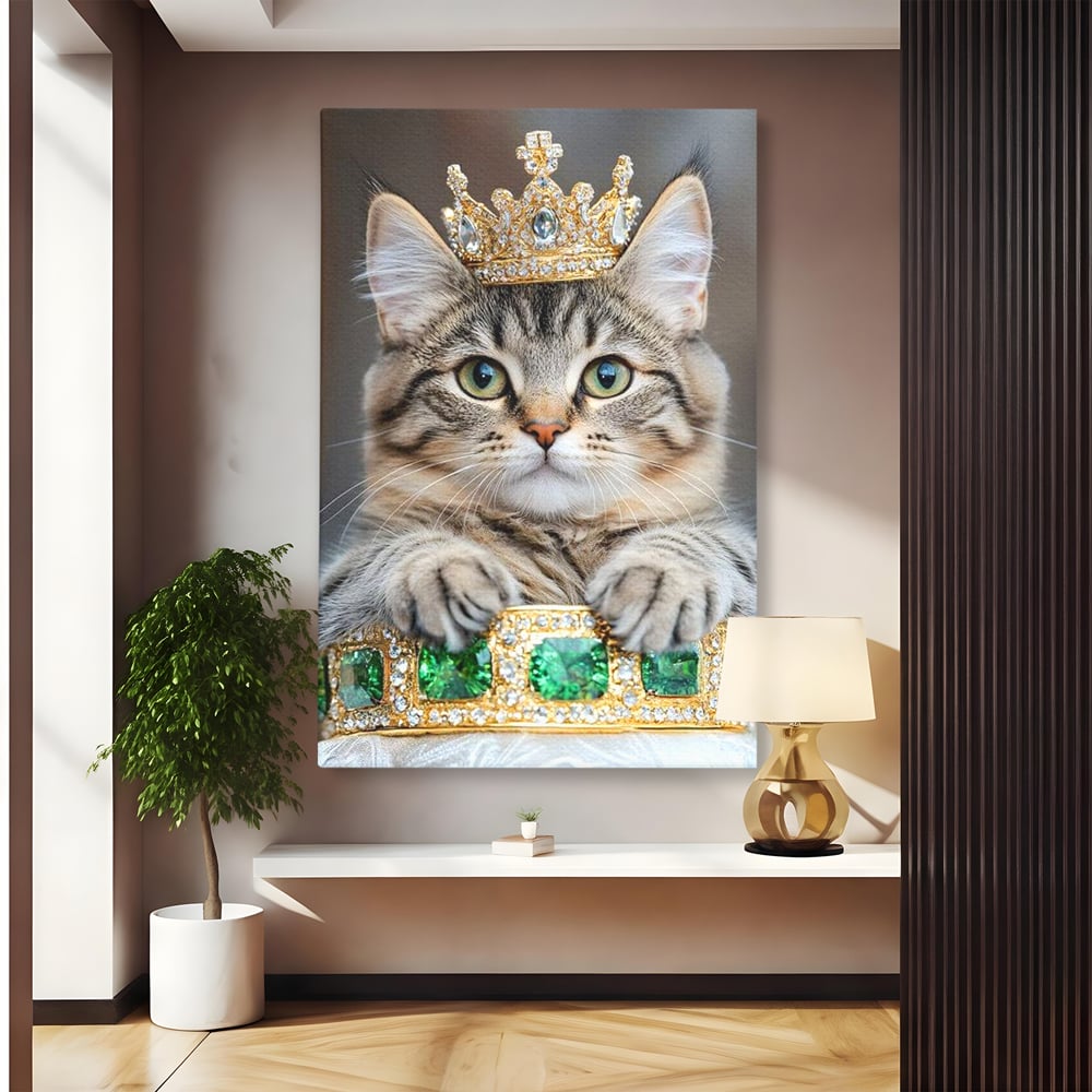 Tablou Canvas Premium, LuxCanva® M1227, Regele Smarald, Motan, Blanita, Coroana, Rege, Bijuterie, Diamante, Regat, Smarald, Nobil, Pufos, Portret, Birou, Living, Camera Copil
